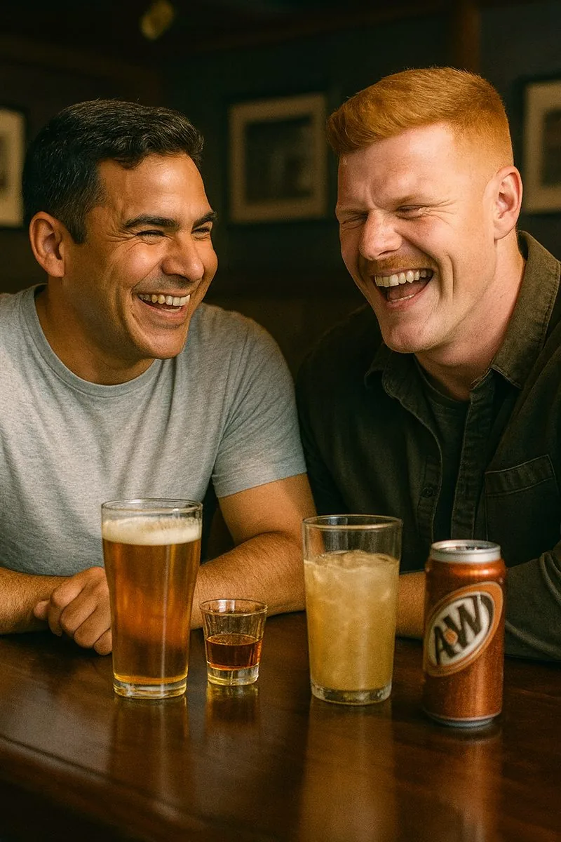 Hector and Flaherty laughing over drinks at a bar
