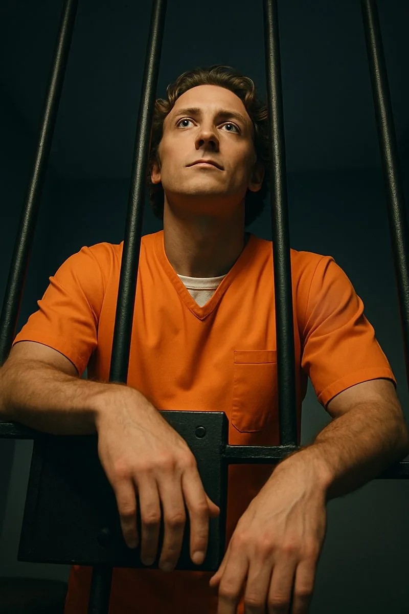 A man in an orange jumpsuit behind jail bars