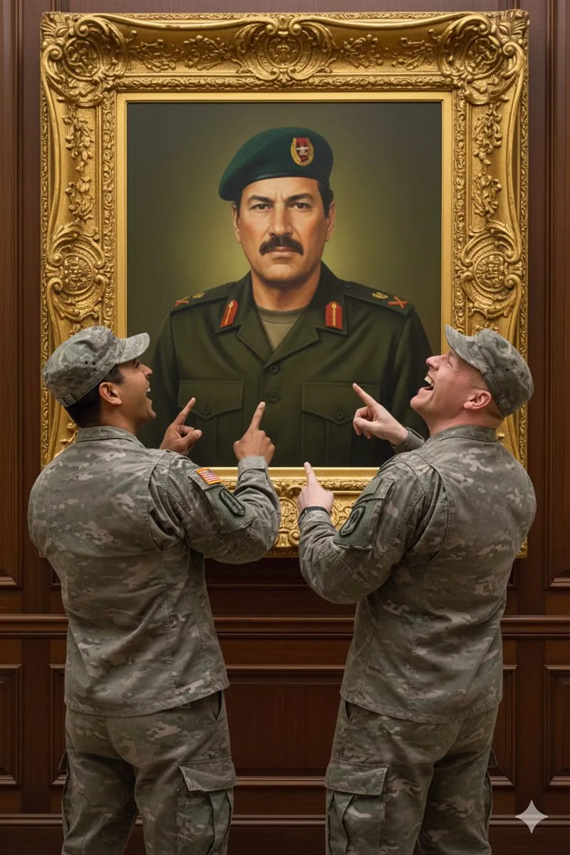Two soldiers laughing at an ornate portrait of an officer