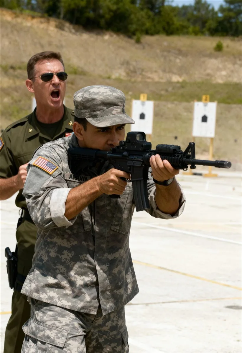 Hector Arraya firing a rifle at the range as a drill instructor shouts