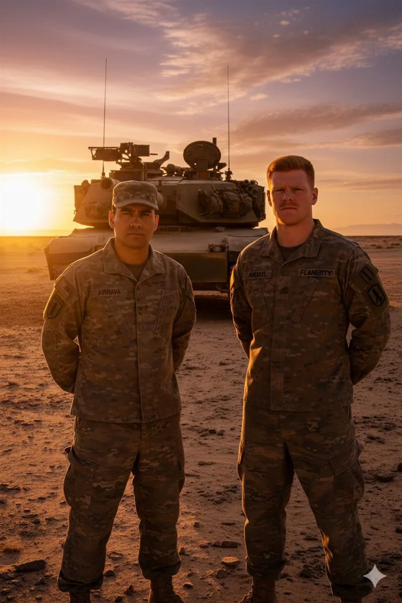 Arraya and Flaherty in front of a tank at desert sunset